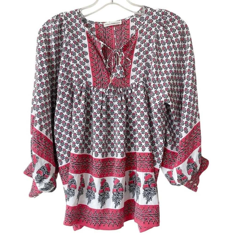 ULLA JOHNSON 100% Silk Printed Tie‎ Neck Peasant Blouse Red Black Cream Size 2